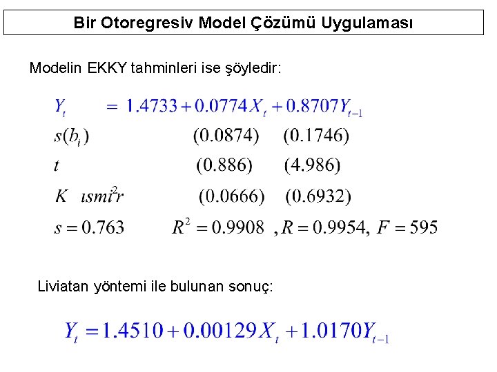 Bir Otoregresiv Model Çözümü Uygulaması Modelin EKKY tahminleri ise şöyledir: Liviatan yöntemi ile bulunan