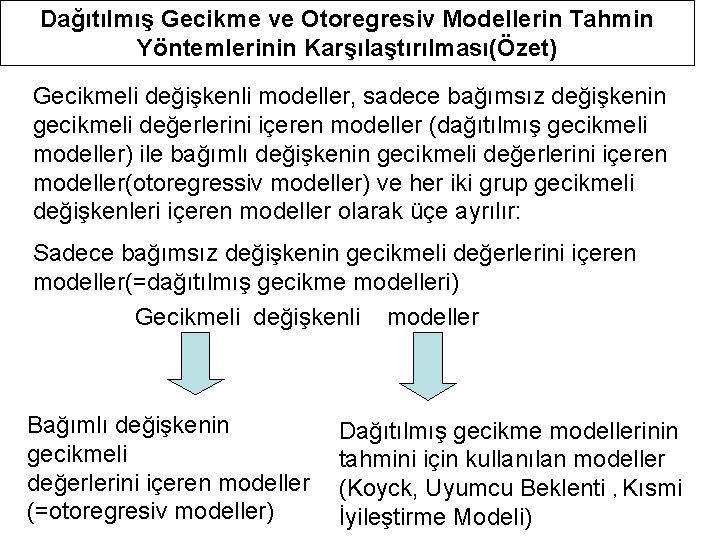 Dağıtılmış Gecikme ve Otoregresiv Modellerin Tahmin Yöntemlerinin Karşılaştırılması(Özet) Gecikmeli değişkenli modeller, sadece bağımsız değişkenin