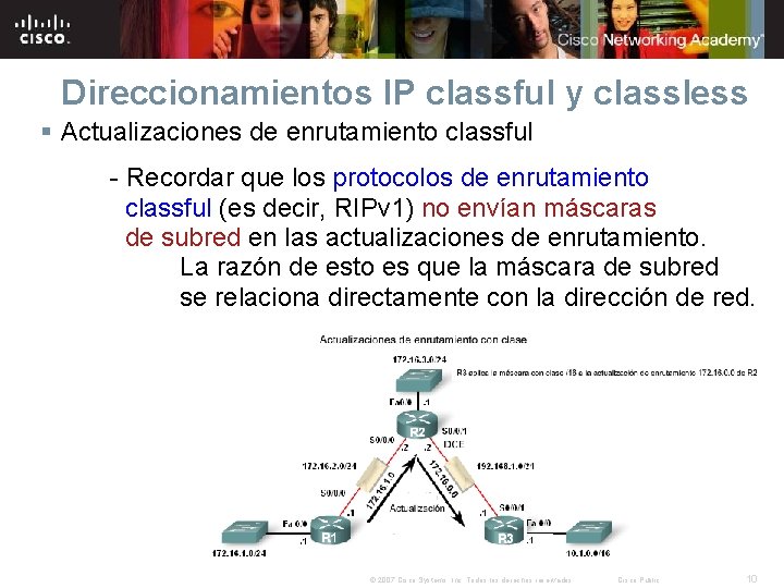 Direccionamientos IP classful y classless § Actualizaciones de enrutamiento classful - Recordar que los