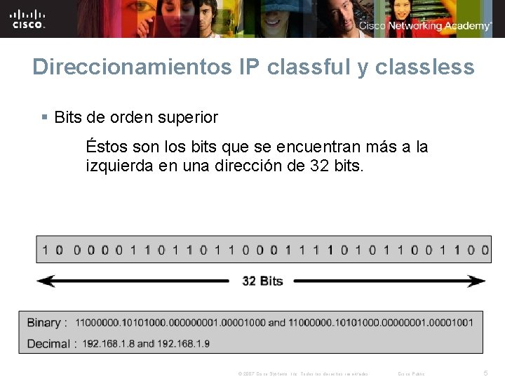 Direccionamientos IP classful y classless § Bits de orden superior Éstos son los bits