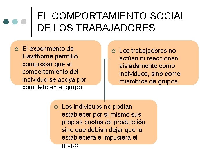 EL COMPORTAMIENTO SOCIAL DE LOS TRABAJADORES ¢ El experimento de Hawthorne permitió comprobar que