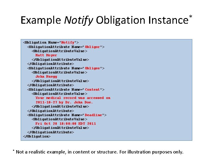 Example Notify Obligation Instance* <Obligation Name="Notify"> <Obligation. Attribute Name=" Obligor"> <Obligation. Attribute. Value > Example Notify Obligation Instance* <Obligation Name="Notify"> <Obligation. Attribute Name=" Obligor"> <Obligation. Attribute. Value >