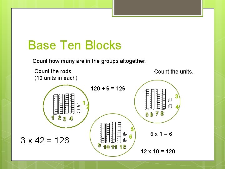 Base Ten Blocks Count how many are in the groups altogether. Count the rods