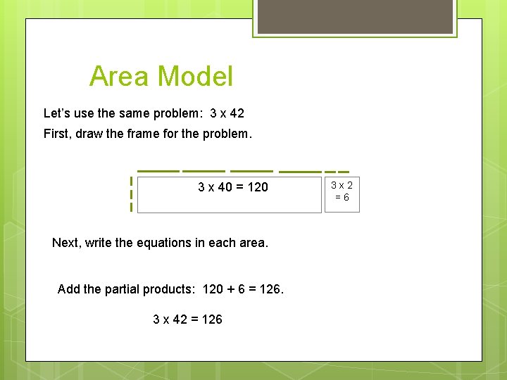 Area Model Let’s use the same problem: 3 x 42 First, draw the frame