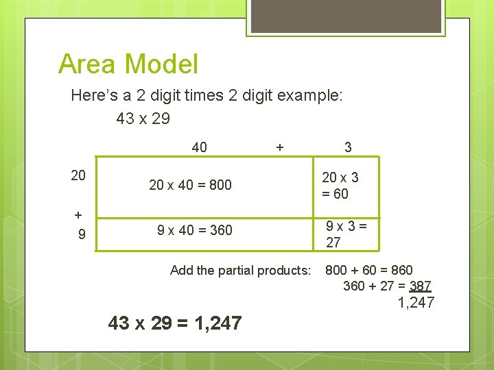Area Model Here’s a 2 digit times 2 digit example: 43 x 29 40