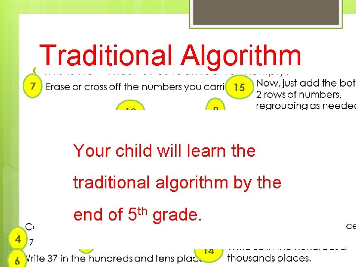 Traditional Algorithm Your child will learn the traditional algorithm by the end of 5