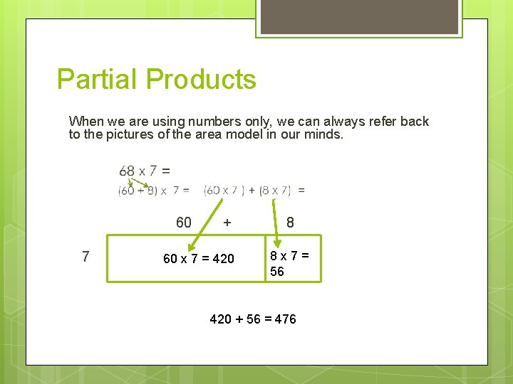 Partial Products When we are using numbers only, we can always refer back to