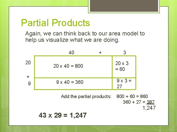 Partial Products Again, we can think back to our area model to help us