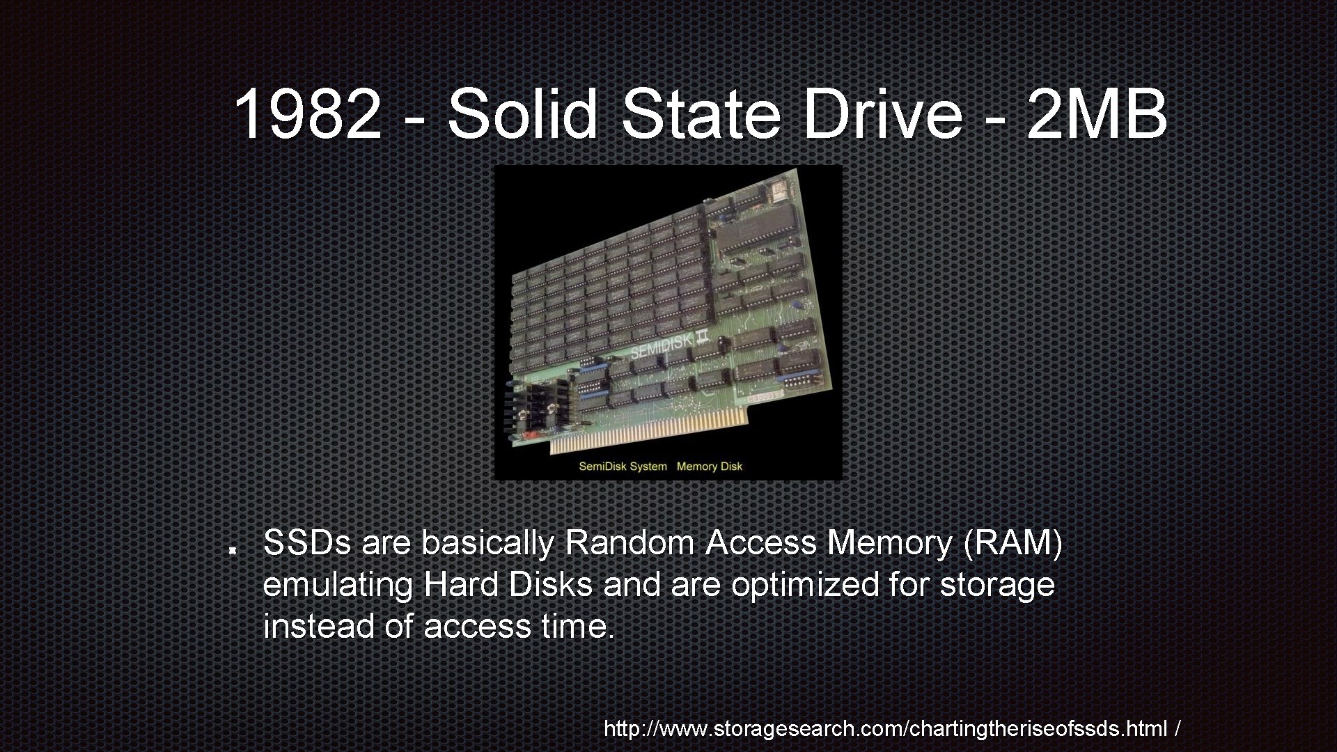 1982 - Solid State Drive - 2 MB SSDs are basically Random Access Memory 1982 - Solid State Drive - 2 MB SSDs are basically Random Access Memory