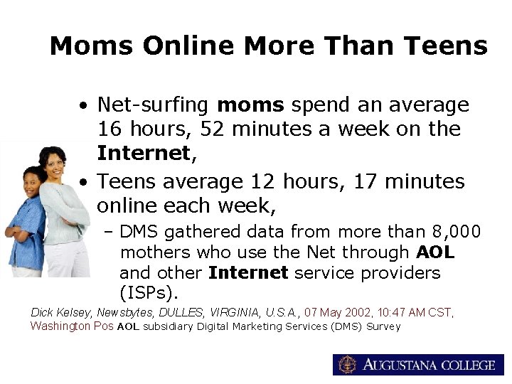 Moms Online More Than Teens • Net-surfing moms spend an average 16 hours, 52