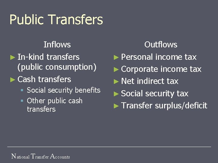 Public Transfers Inflows ► In-kind transfers (public consumption) ► Cash transfers § Social security