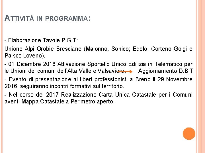ATTIVITÀ IN PROGRAMMA: - Elaborazione Tavole P. G. T: Unione Alpi Orobie Bresciane (Malonno,