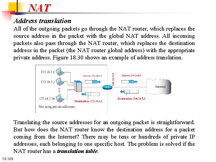 NAT Address translation All of the outgoing packets go through the NAT router, which