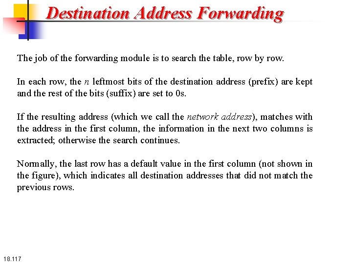 Destination Address Forwarding The job of the forwarding module is to search the table,