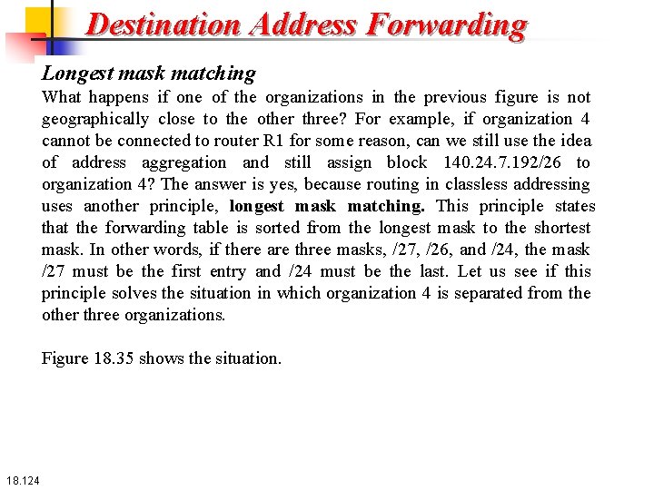 Destination Address Forwarding Longest mask matching What happens if one of the organizations in