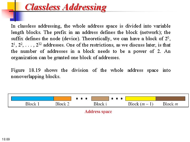 Classless Addressing In classless addressing, the whole address space is divided into variable length