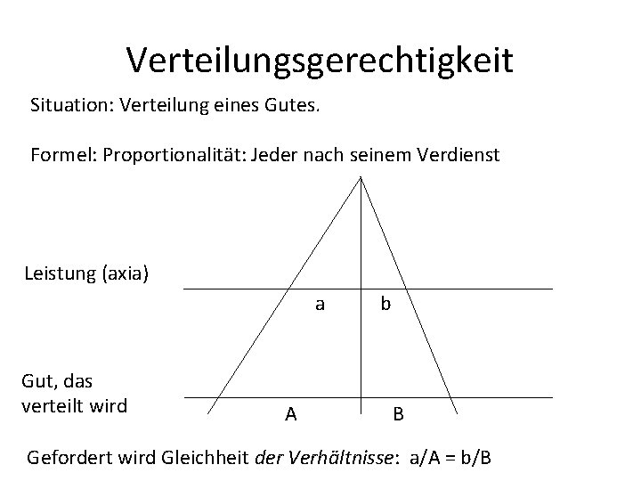 Verteilungsgerechtigkeit Situation: Verteilung eines Gutes. Formel: Proportionalität: Jeder nach seinem Verdienst Leistung (axia) a