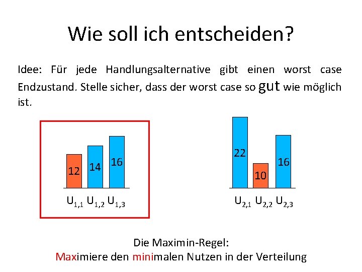 Wie soll ich entscheiden? Idee: Für jede Handlungsalternative gibt einen worst case Endzustand. Stelle