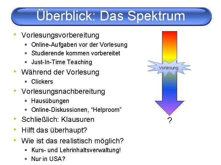 Überblick: Das Spektrum • Vorlesungsvorbereitung § Online-Aufgaben vor der Vorlesung § Studierende kommen vorbereitet
