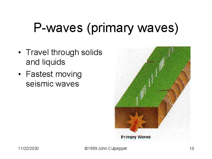 P-waves (primary waves) • Travel through solids and liquids • Fastest moving seismic waves