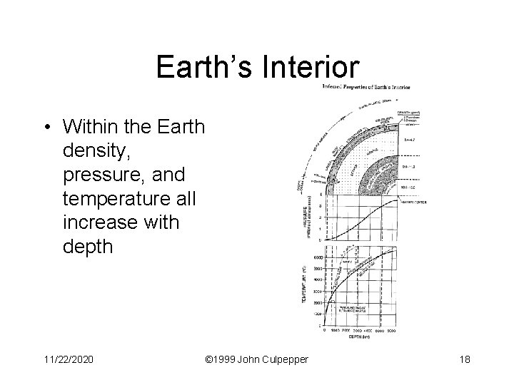 Earth’s Interior • Within the Earth density, pressure, and temperature all increase with depth