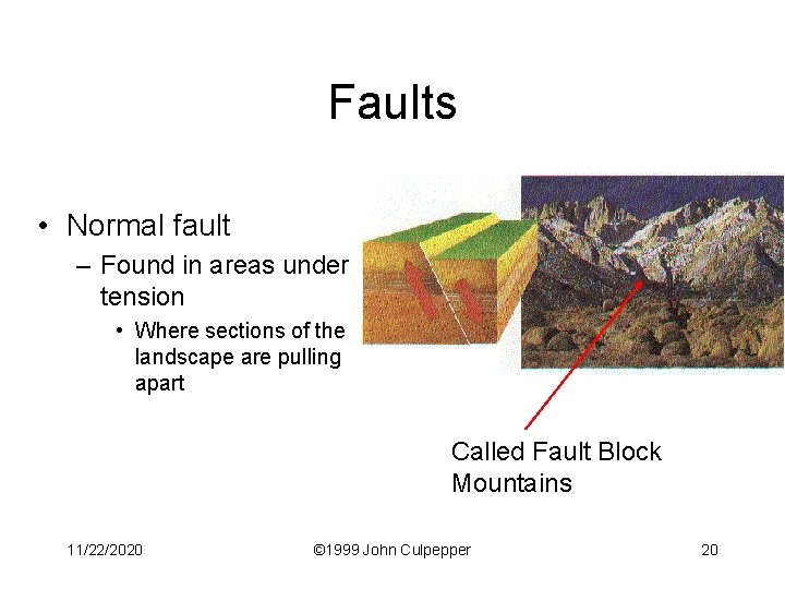 Faults • Normal fault – Found in areas under tension • Where sections of