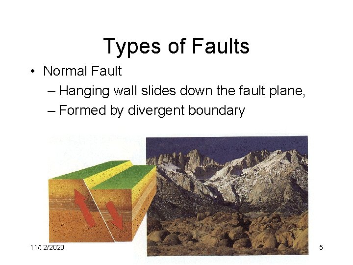 Types of Faults • Normal Fault – Hanging wall slides down the fault plane,