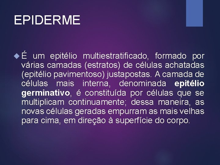 EPIDERME É um epitélio multiestratificado, formado por várias camadas (estratos) de células achatadas (epitélio