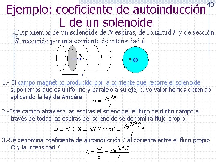 40 Ejemplo: coeficiente de autoinducción L de un solenoide Disponemos de un solenoide de