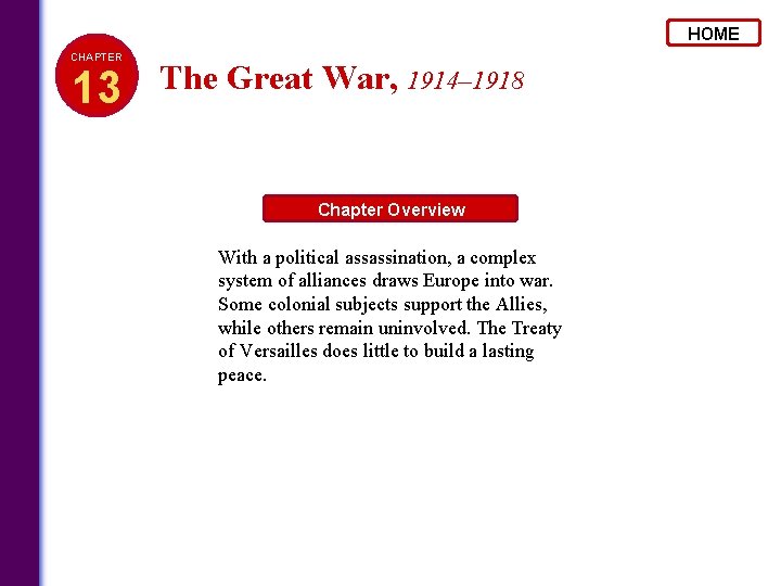HOME CHAPTER 13 The Great War, 1914– 1918 Chapter Overview With a political assassination,