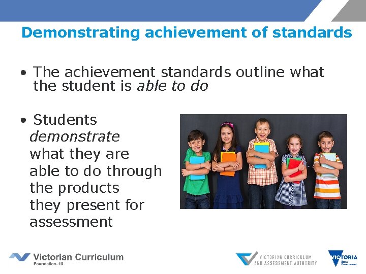 Demonstrating achievement of standards • The achievement standards outline what the student is able