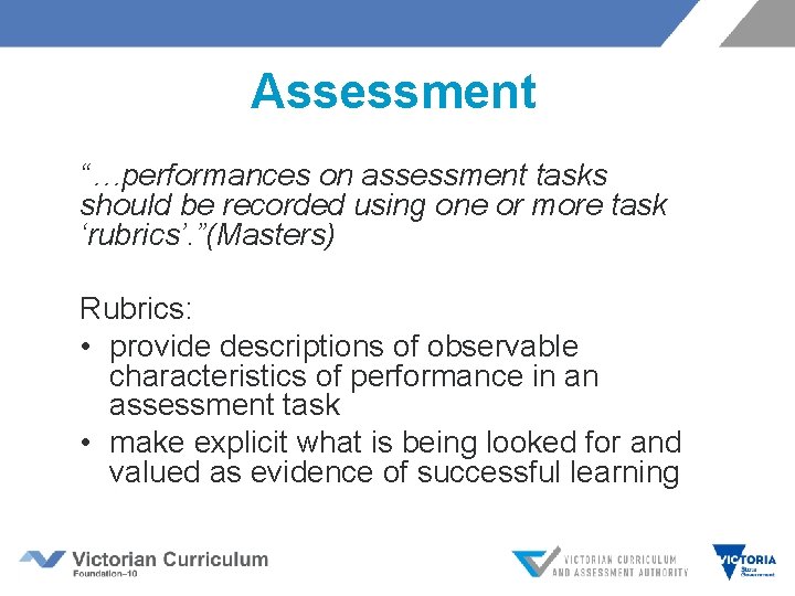  Assessment “…performances on assessment tasks should be recorded using one or more task