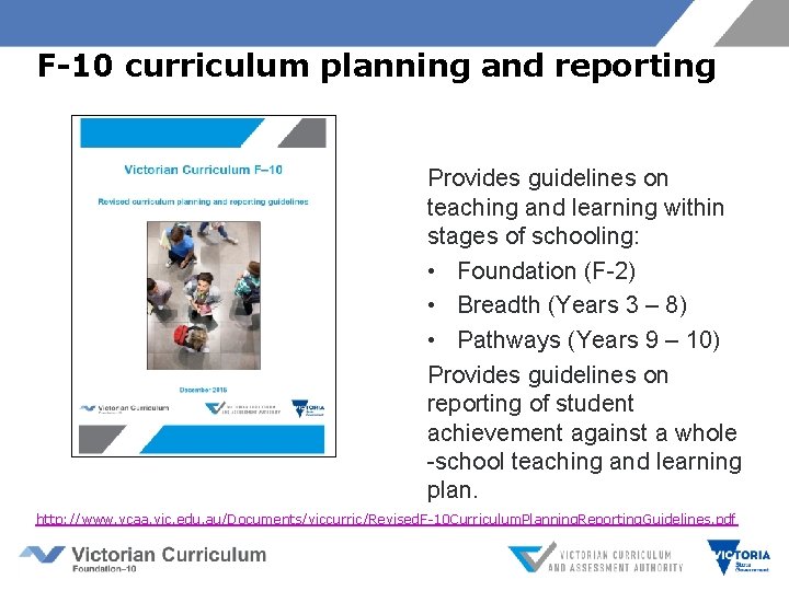 F-10 curriculum planning and reporting guidelines Provides guidelines on teaching and learning within stages