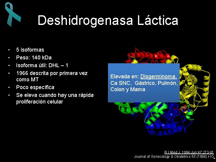 Deshidrogenasa Láctica • • • 5 isoformas Peso: 140 k. Da Isoforma útil: DHL