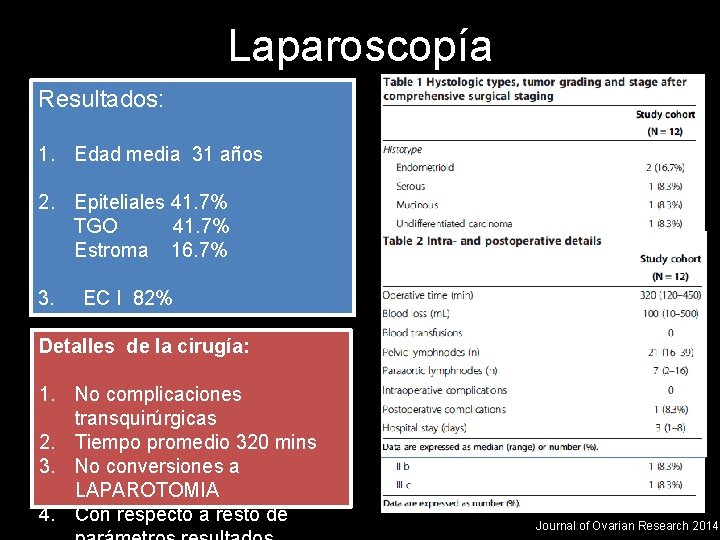 Laparoscopía Resultados: 1. Edad media 31 años 2. Epiteliales 41. 7% TGO 41. 7%