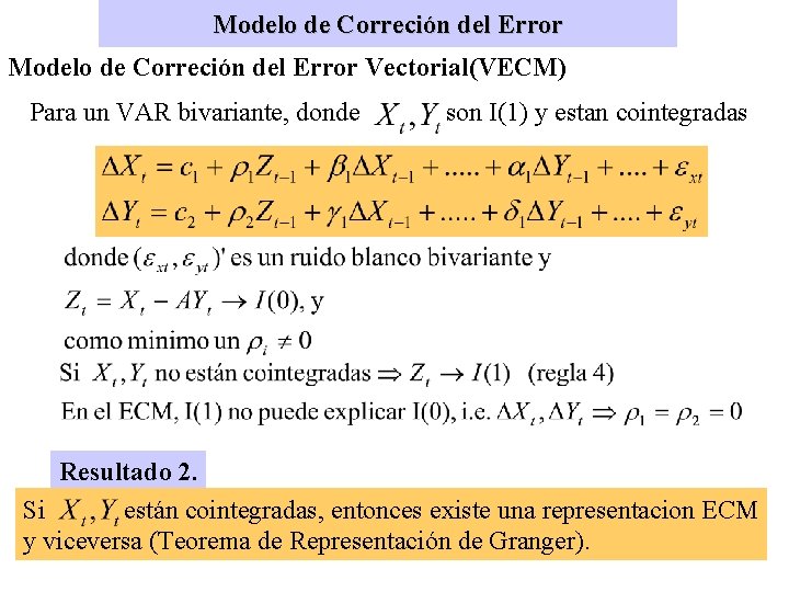 Modelo de Correción del Error Vectorial(VECM) Para un VAR bivariante, donde son I(1) y