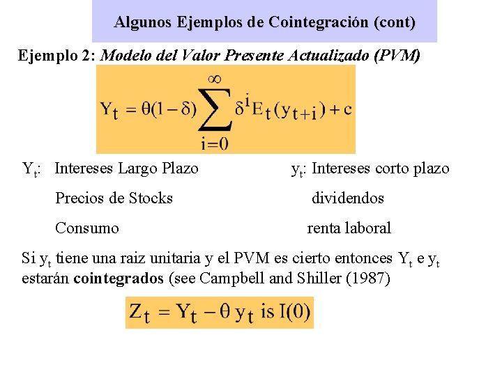 Algunos Ejemplos de Cointegración (cont) Ejemplo 2: Modelo del Valor Presente Actualizado (PVM) Yt: