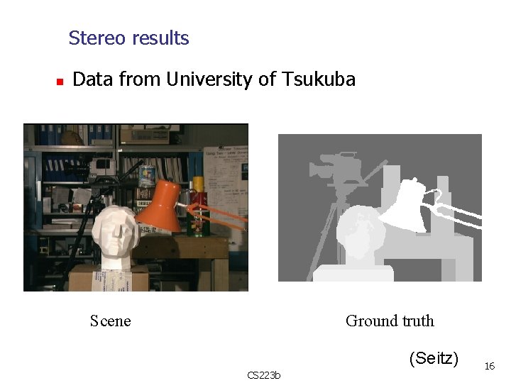 Stereo results n Data from University of Tsukuba Scene Ground truth (Seitz) CS 223