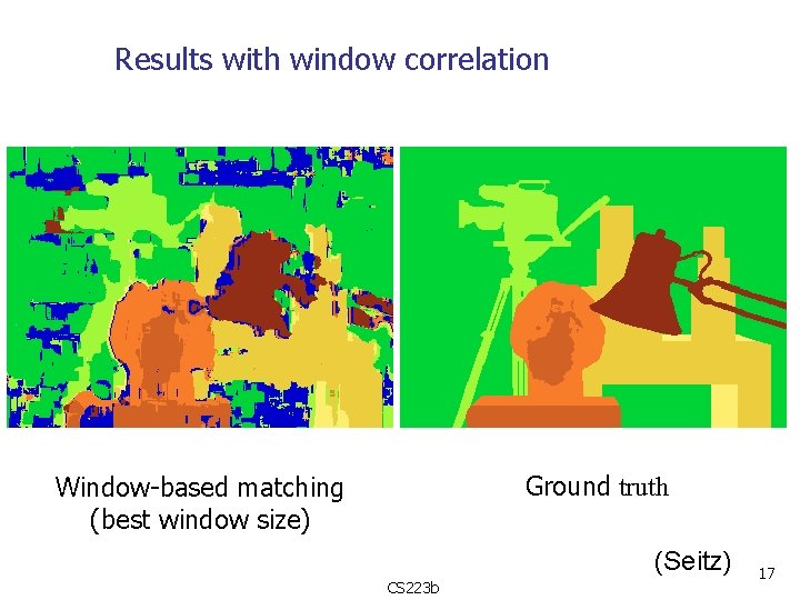 Results with window correlation Ground truth Window-based matching (best window size) (Seitz) CS 223