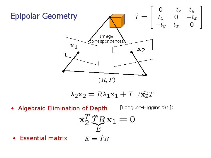 Epipolar Geometry Image correspondences • Algebraic Elimination of Depth • Essential matrix [Longuet-Higgins ’