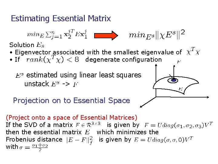 Estimating Essential Matrix Solution • Eigenvector associated with the smallest eigenvalue of • If