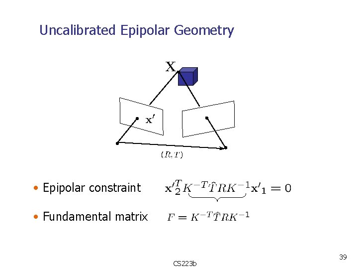 Uncalibrated Epipolar Geometry • Epipolar constraint • Fundamental matrix CS 223 b 39 