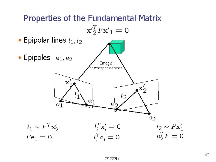 Properties of the Fundamental Matrix • Epipolar lines • Epipoles Image correspondences CS 223