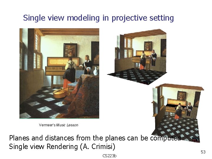 Single view modeling in projective setting Vermeer’s Music Lesson Planes and distances from the