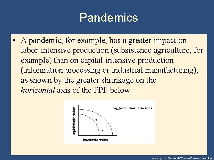 Pandemics • A pandemic, for example, has a greater impact on labor-intensive production (subsistence