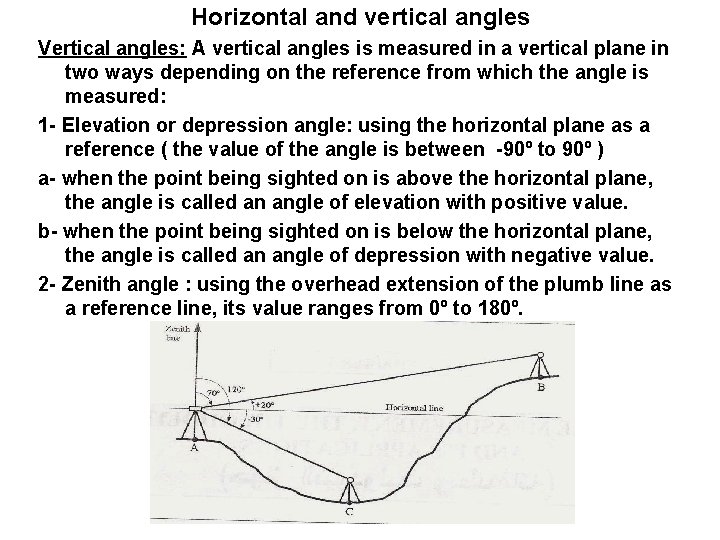 Horizontal and vertical angles Vertical angles: A vertical angles is measured in a vertical