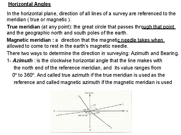 Horizontal Angles In the horizontal plane, direction of all lines of a survey are