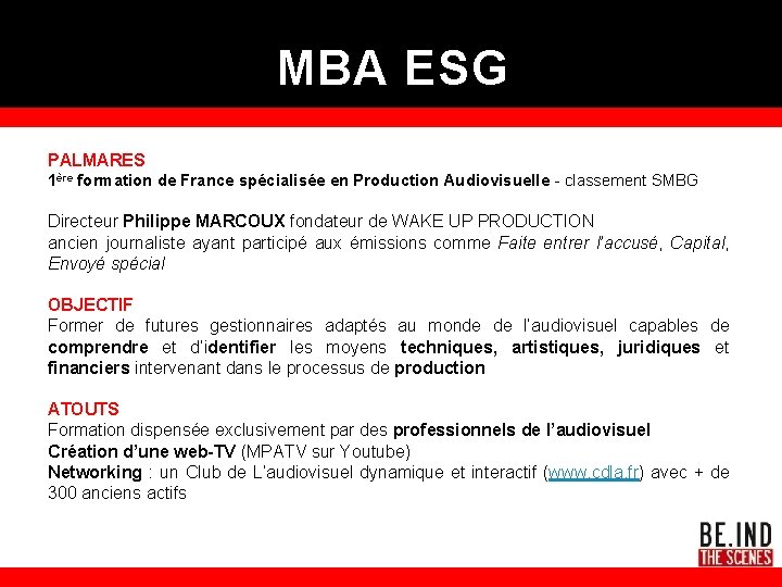 MBA ESG PALMARES 1ère formation de France spécialisée en Production Audiovisuelle - classement SMBG