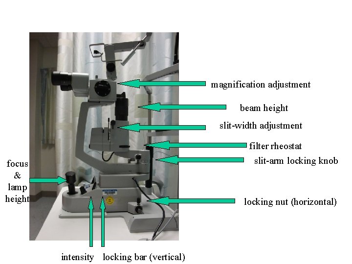 magnification adjustment beam height slit-width adjustment filter rheostat slit-arm locking knob focus & lamp