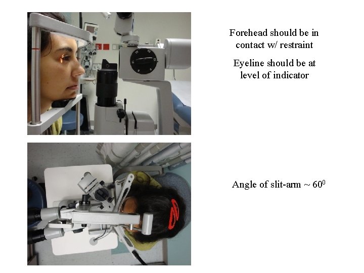 Forehead should be in contact w/ restraint Eyeline should be at level of indicator